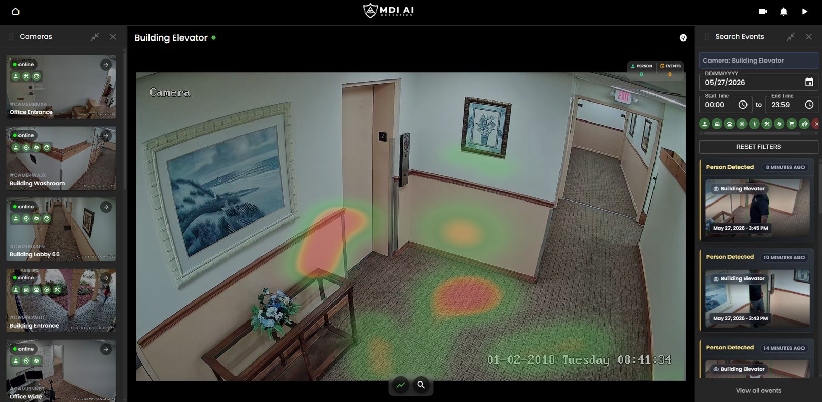 MDI Aegis live view with a heatmap of detections on a building camera