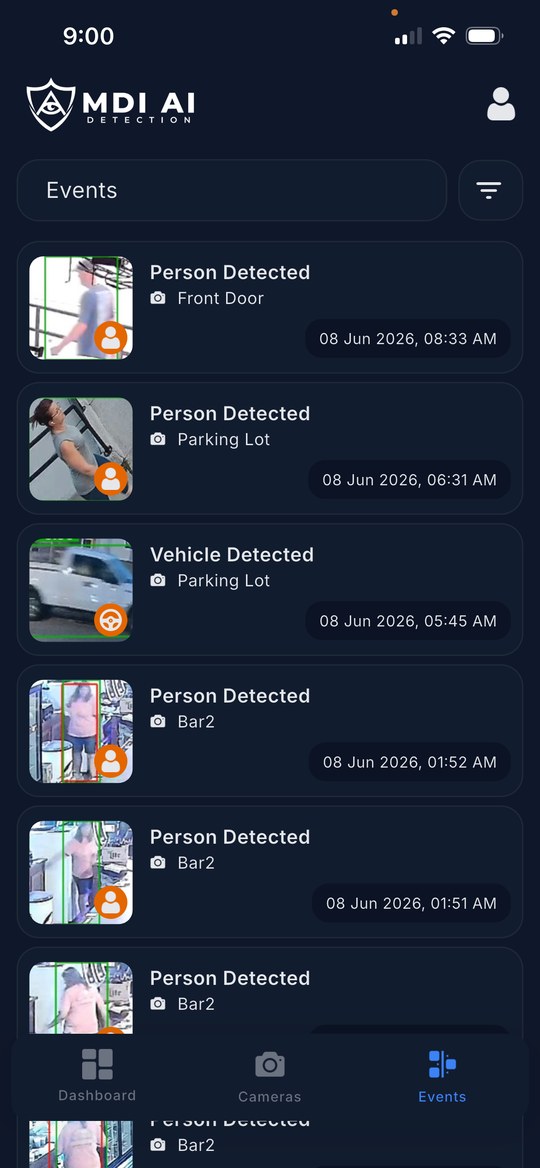 MDI Aegis mobile app showing person and vehicle alerts