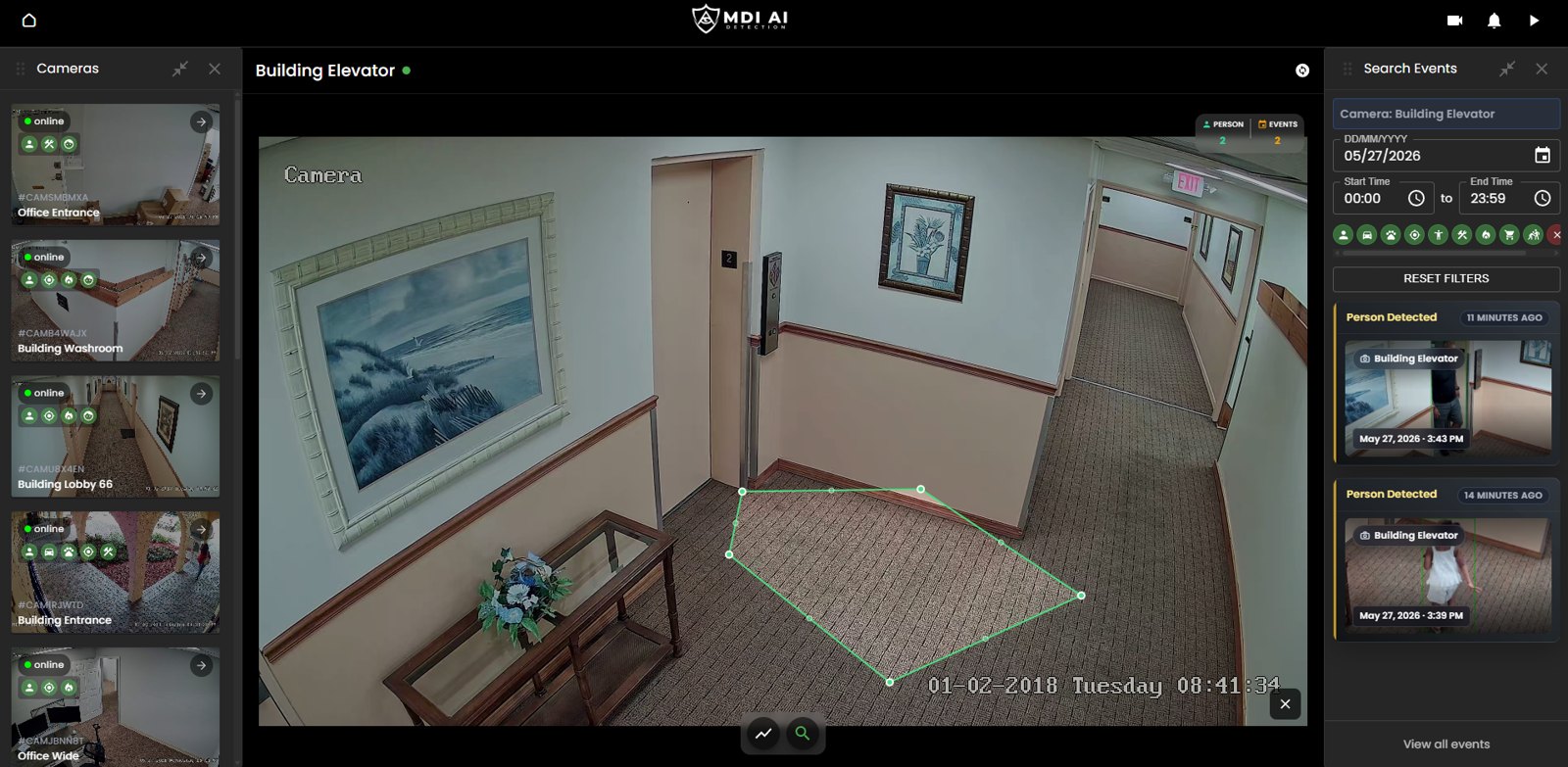 MDI Aegis screen with a detection area drawn on a hallway camera