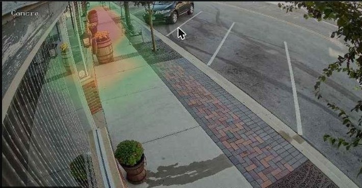 Heatmap of foot traffic on a sidewalk camera