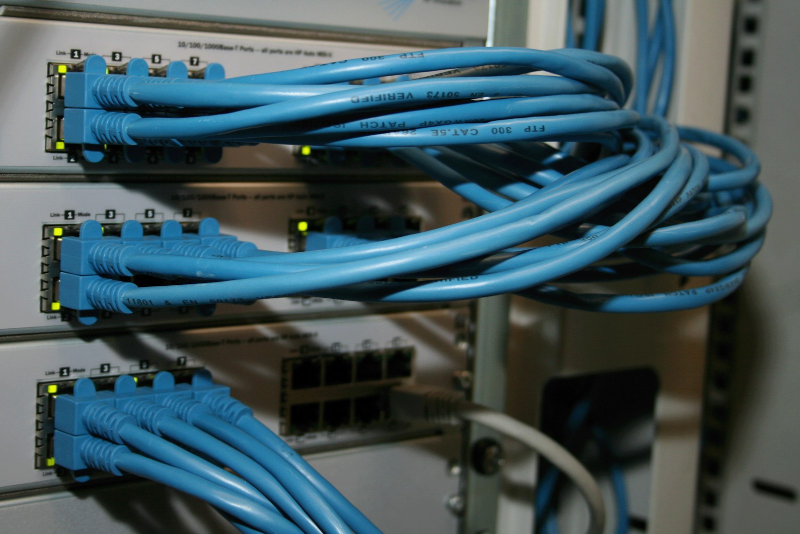 Network switch with blue network cables
