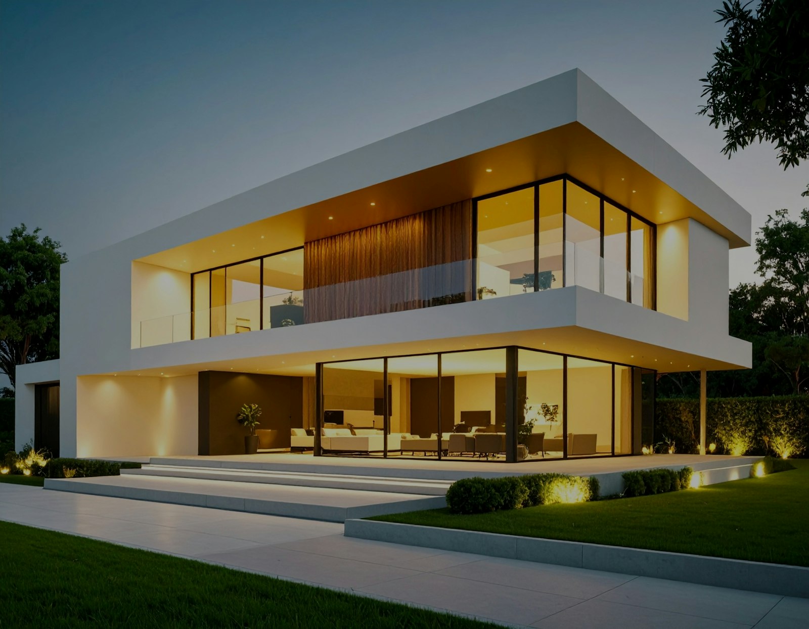 Modern home exterior lit at dusk