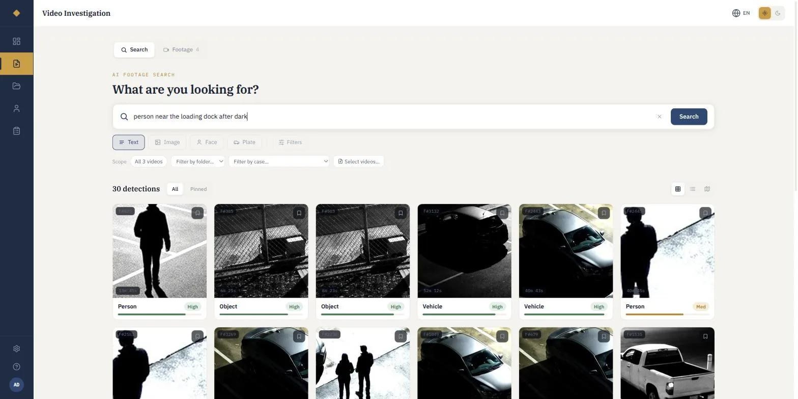 MDI Veritas search results for a person near a loading dock after dark