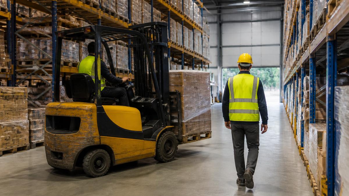 A warehouse worker in a high-visibility vest and hard hat walking past a moving forklift in a busy distribution center aisle, with stacked pallets and industrial shelving in the background
