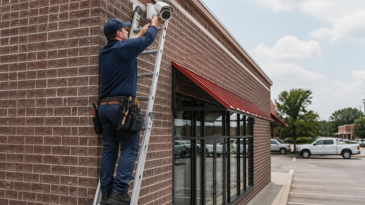 Technician performing an AI security camera system installation on a retail building corner for optimal coverage.