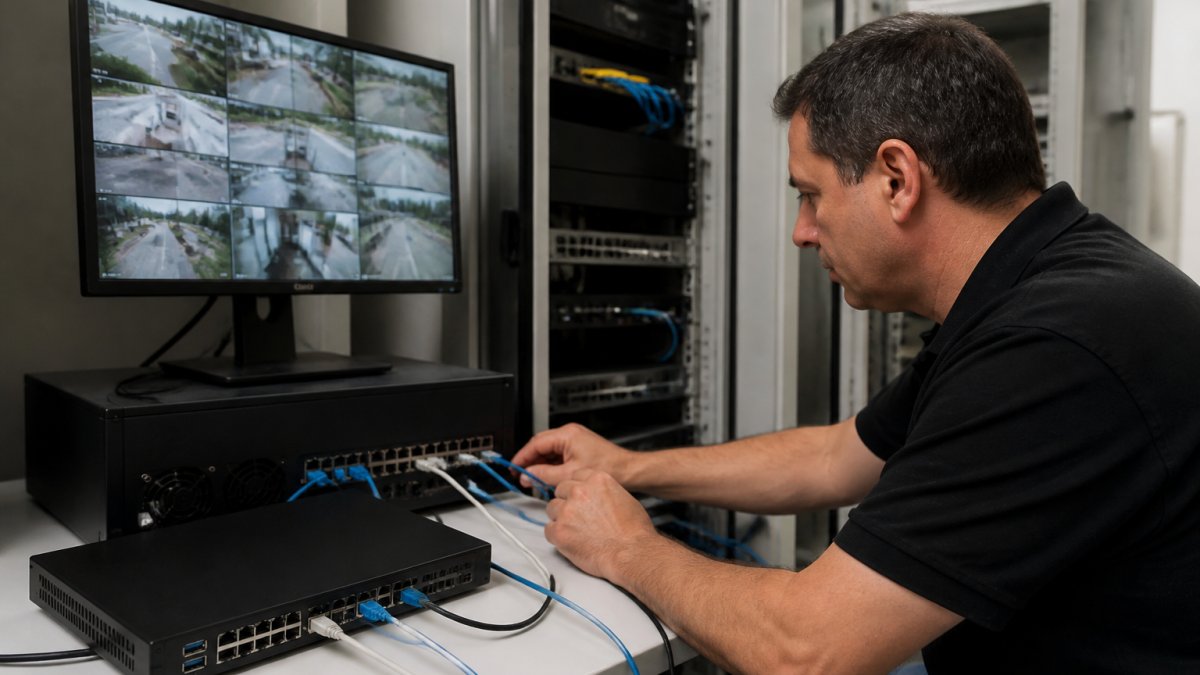 A security integrator in a server room connecting an on-site AI appliance to an existing network video recorder, with IP camera feeds visible on a nearby monitor