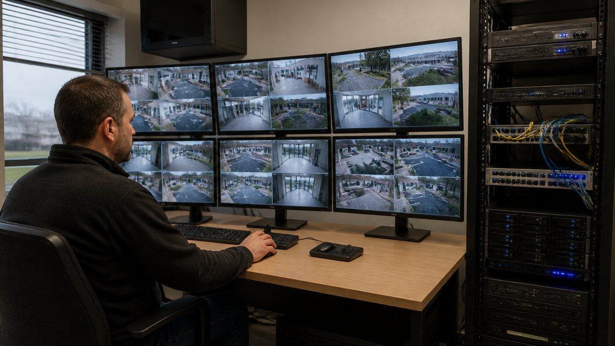 Technician monitoring AI video analytics without internet on a local server network setup