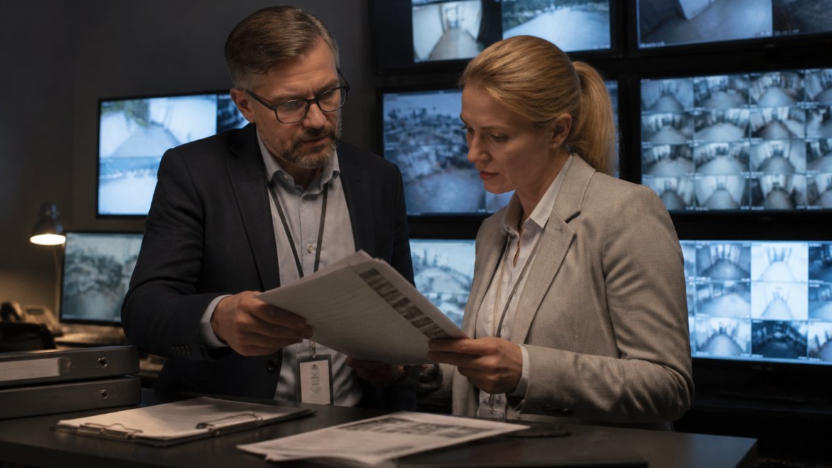 A security director and an operations manager reviewing printed incident reports beside a bank of monitors showing camera feeds in a dimly lit security operations center