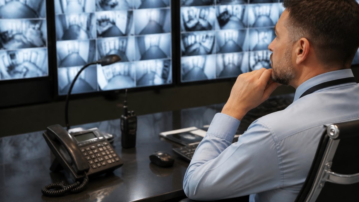 Security director analyzing AI video surveillance ROI metrics on a monitor in a modern control room