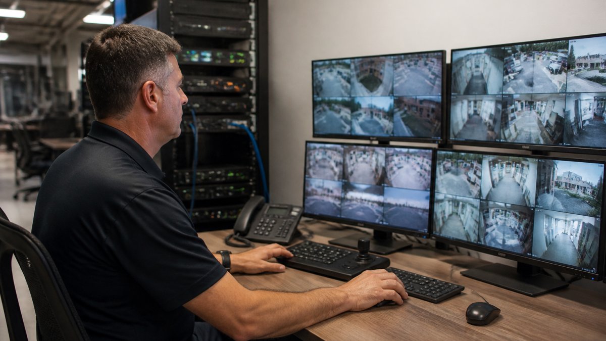 Security operations center with multiple monitors displaying live IP camera feeds, a technician adjusting settings at a workstation with on-site AI server equipment visible in the background
