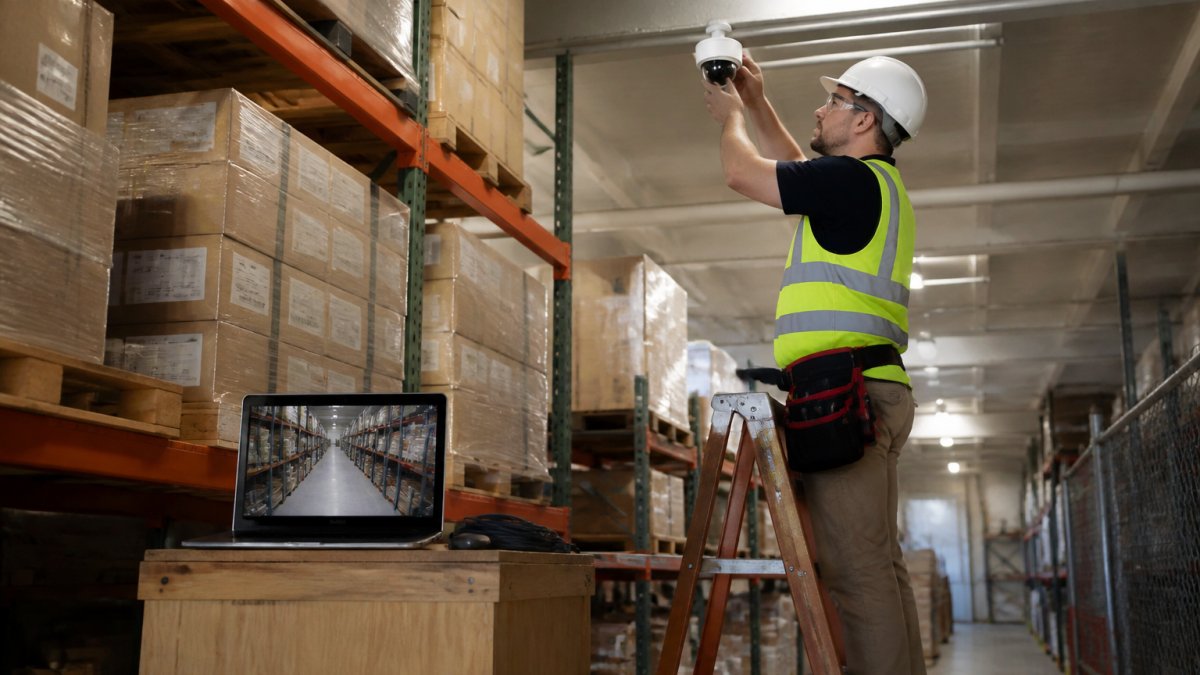 A security integrator on a ladder adjusting a ceiling-mounted IP camera in a warehouse aisle, with a laptop open on a nearby crate showing a camera feed