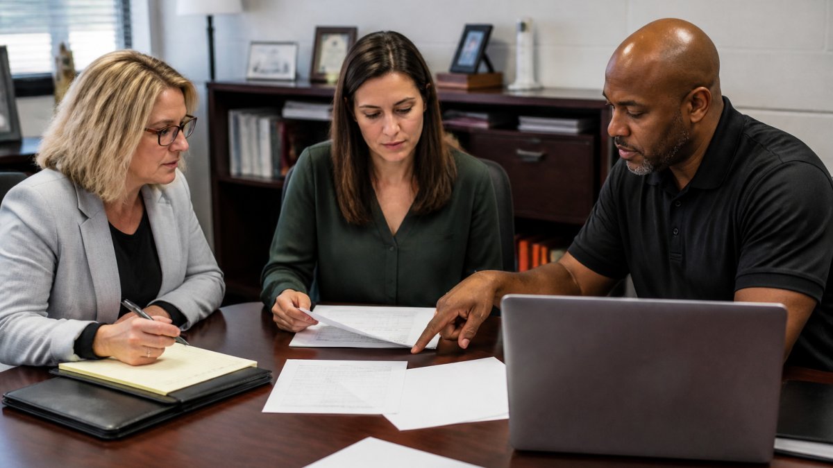 A school administrator, counselor, and security director meeting around a table in a school office, reviewing printed assessment notes and a laptop