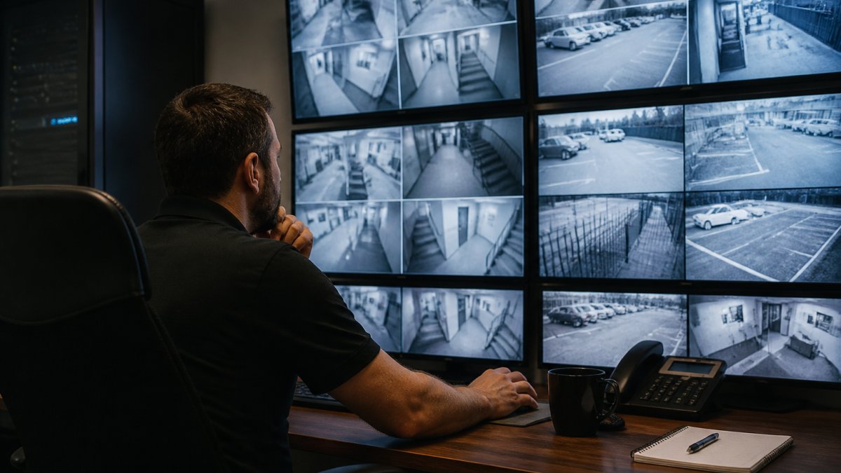 A security operations analyst at a monitoring desk reviewing multiple camera feeds on wall-mounted monitors in a dimly lit control room, coffee cup and notebook nearby