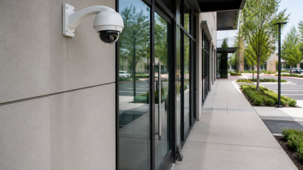 Security camera mounted on building exterior wall at proper height with clear, unobstructed view of entry point, positioned away from trees and moving vegetation, showing correct downward angle toward ground-level activity