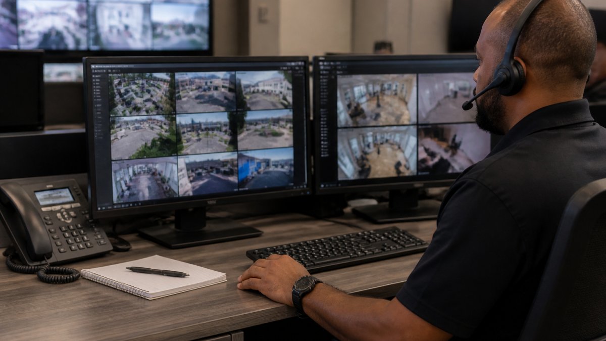 A security operations center analyst seated at a dual-monitor workstation reviewing a verified camera alert on screen, with a monitoring dashboard visible in the background and a notepad beside the keyboard