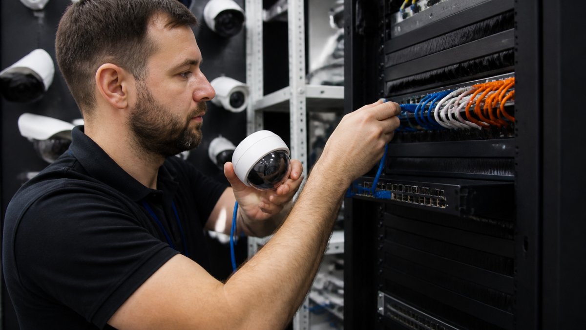 Technician testing security camera compatibility with ai servers while checking live video feeds on monitors
