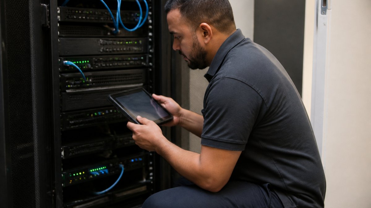 A security integrator kneeling beside a rack of DVR and NVR recorders in a server room, holding a tablet and checking camera compatibility settings, with cables and status lights visible